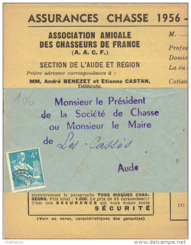 Préo YT N°109 : Moissoneuse 4 F. Bleu, "Association Des Chasseurs De France, Section De L´Aude" - 1953-1960