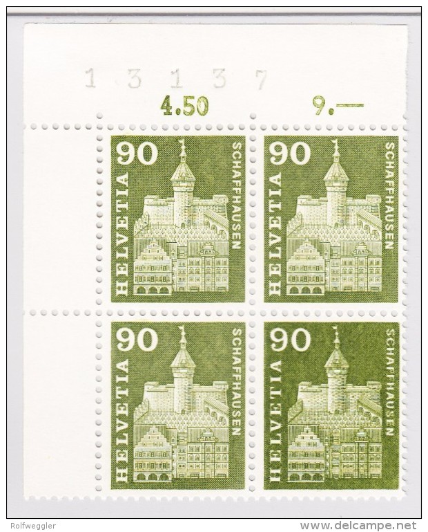 Schweiz 1960 #368 ** Abart 90Rp Schaffhausen Im Viererblock (Marke Unten Rechts) Doppelprägung - Variétés