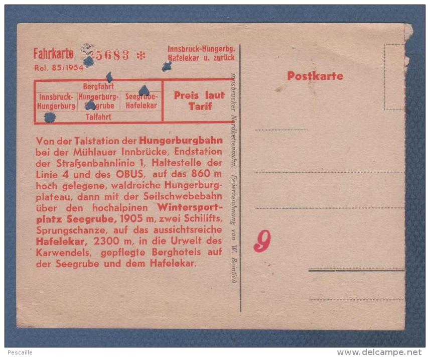 POSTKARTE FAHRKARTE 1954 - BERGFAHRT INNSBRUCK - HUNGERBURG - INNSBRUCKER NORDKETTENBAHN FEDERZEICHNUNG VON W. BEINLICH - Europa