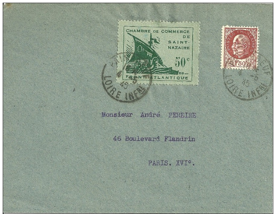 MARCOFILIA - FRANCIA - CARTA CON SELLO CHAMBRE DE COMMERCE DE SAINT NAZAIRE 1945 - War Stamps