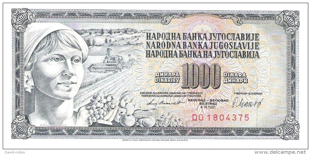 Yugoslavia - Pick 92d - 1000 Dinara 1981 - Unc - Jugoslavia