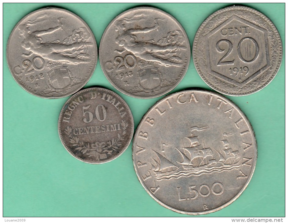 Italie - 20 - 50 Centesimi - 500 Lire 1863 à 1960 Avec Argent Lot 5 Pièces Monnaies - Autres & Non Classés