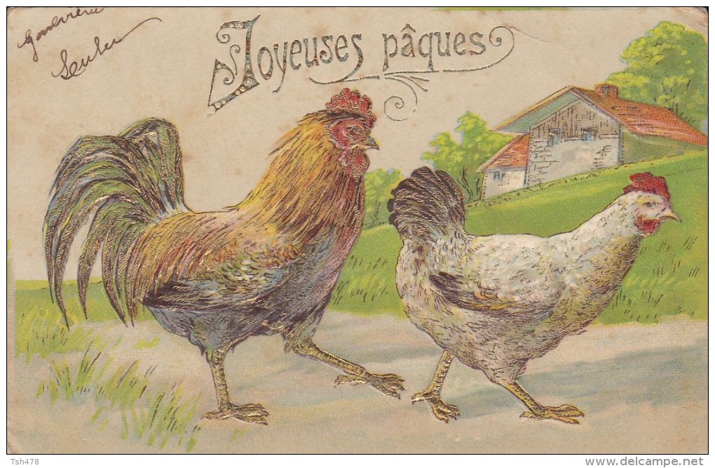 JOYEUSES PÂQUES---coq + Poule --(gaufrée + Dorures )--voir 2 Scans - Pâques