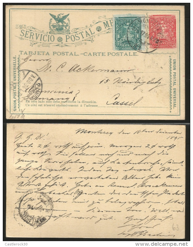 G)1895 MEXICO, EMBOSSED MULITAS 2 CTS. POSTRAL STATIONARY, DOUBLE RATED, CIRCULATED TO KASSEL,GER., XF - Mexico