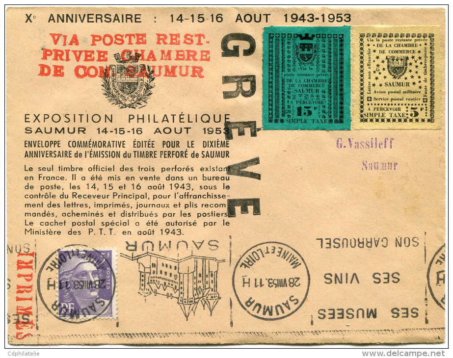 FRANCE GREVE DE SAUMUR LETTRE AVEC GRIFFE ROUGE "VIA POSTE REST. PRIVEE CHAMBRE DE COM. SAUMUR" + GRIFFE "GREVE" + ..... - Documents