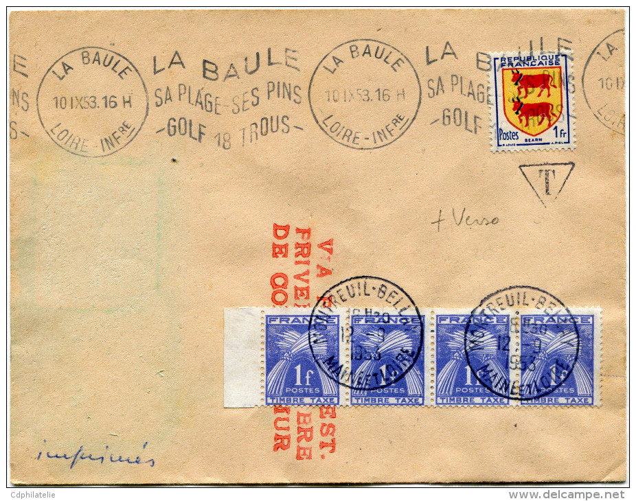 FRANCE GREVE DE SAUMUR LETTRE AVEC GRIFFE ROUGE "VIA POSTE REST. PRIVEE CHAMBRE DE COM. SAUMUR" TAXEE A MONTREUIL-BELLAY - Documents