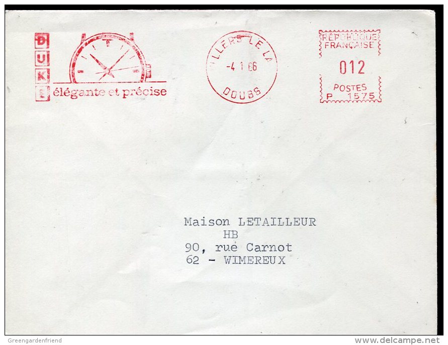 9765 France, Red Meter Freistempel EMA 1966   Montre,  Uhr, Clock, Circuled Cover - Uhrmacherei