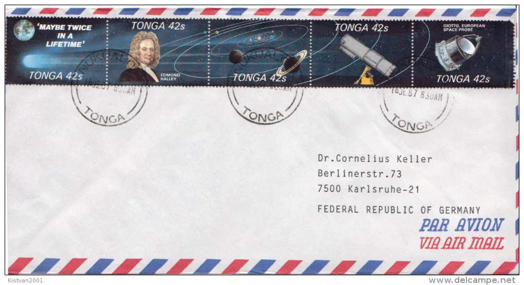 Postal History Cover: 2 Superb Tonga Covers With Halley's Comet Set In Strips - Astronomy