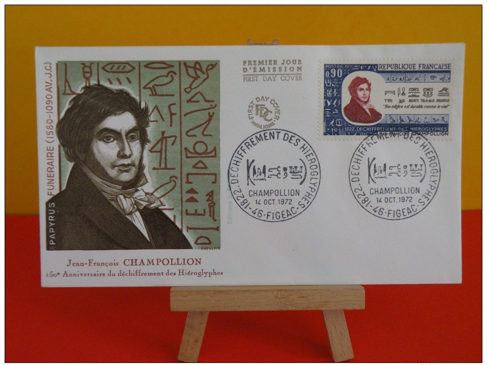 FDC, Jean François Champollion ( Hierosglyphes ) - 46 Figeac - 14.10.1972 - 1er Jour - Coté 3,50 € - 1970-1979