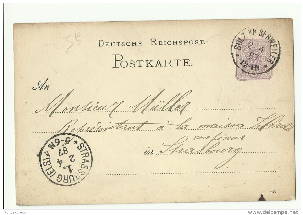 1887 Entier Allemand Obl. Cachet:  Sulz Kb Gebweiler Pour Strasbourg - Briefe U. Dokumente