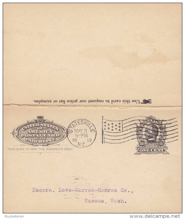 United States Postal Stationery Ganzsache Reply Card PRIVATE PRINT, STATESVILLE 1910 COTTON MANUFACTUR SALES (2 Scans) - 1901-20