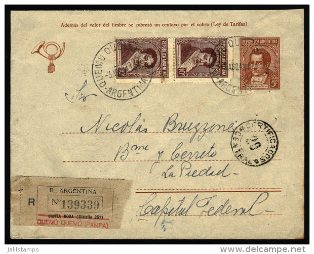 Registered Stationery Envelope Sent From "QUEMU QUEMU" (La Pampa) To Buenos Aires On 3/AU/1944, VF Quality - Brieven En Documenten
