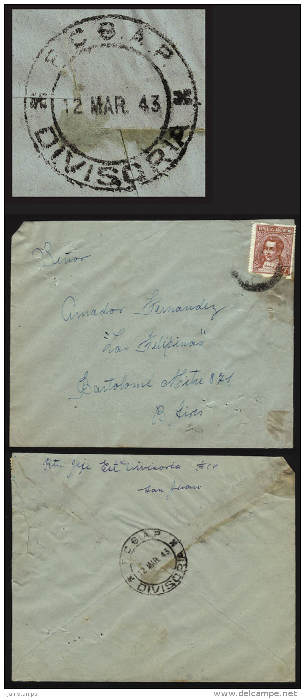 Cover Mailed On 12/MAR/1943, On Back Postmark Of "F.C.B.A.P.  DIVISORIA", The Stamp With Defects, Rare Cancel! - Brieven En Documenten