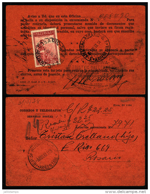 Parcel Card Used In Rosario On 3/OC/1938, Franked With 25c. Agriculture. - Lettres & Documents