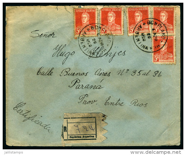 Registered Cover Sent From "BONPLAND" (Misiones) To Paraná On 6/AP/1929, Franked With 5 Stamps Of 5c. San... - Lettres & Documents