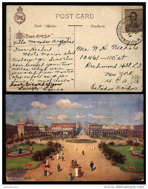 Postcard With View Of Independencia Square In Montevideo, Sent From "ESTACION MERCEDES" (San Luis) To USA In... - Brieven En Documenten