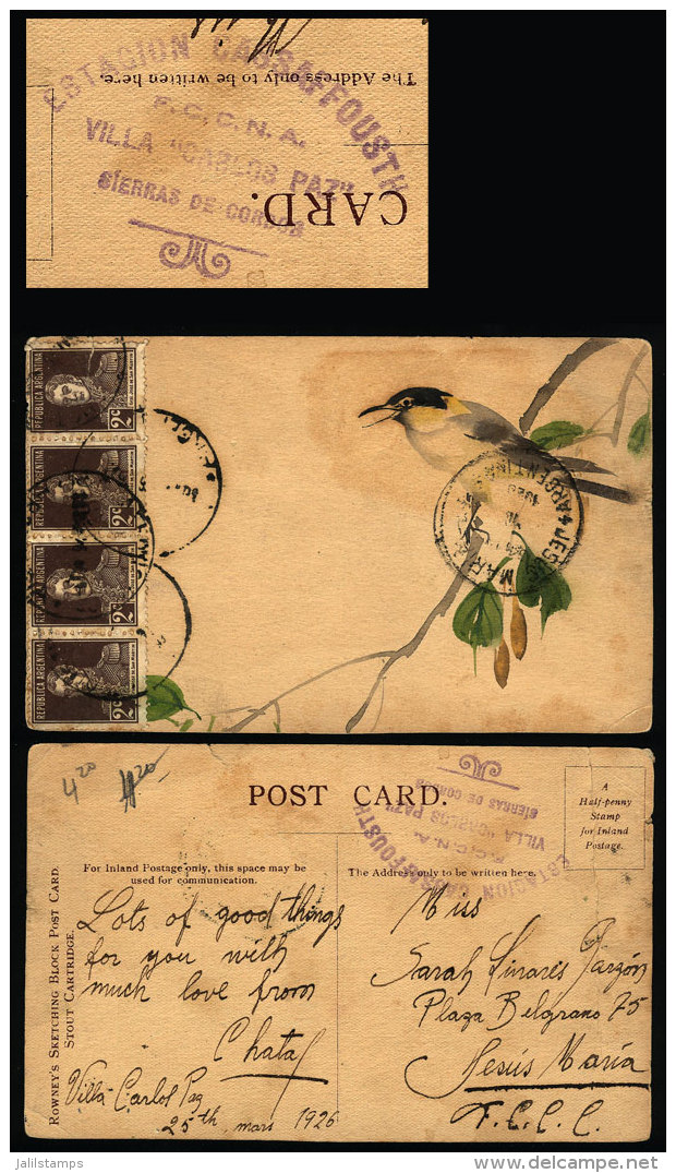 Postcard Sent From Villa Carlos Paz To Jesús María On 25/MAR/1926, With Handstamp Of "ESTACION... - Lettres & Documents
