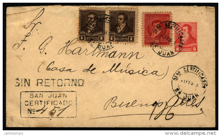 Registered Stationery Envelope, Sent "SIN RETORNO" From San Juan On 1/FE/1903, Franked With 5+12c., Very Nice. - Brieven En Documenten