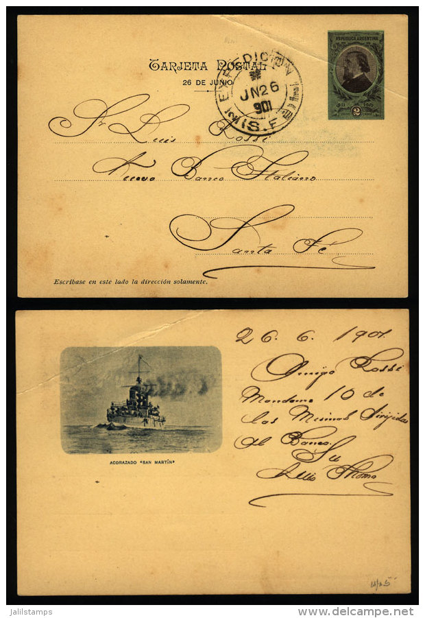 Postal Card Illustrated On Back With View Of The Battleship San Martín, Used On 26/JUN/1904, With A Fold At... - Brieven En Documenten