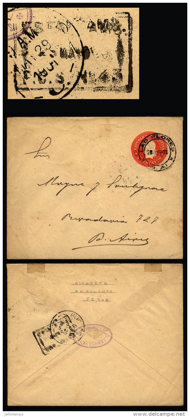 Stationery Envelope Sent From "LAS FLORES" To Buenos Aires On 28/MAY/1901, With Rectangular Backstamp Of "ESTAFETA... - Lettres & Documents