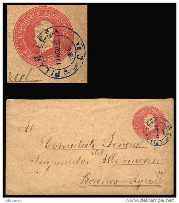 Stationery Envelope Sent To Buenos Aires On 12/AU/1900, With Ultramarine Postmark Of "PILAR F.C.C.A."... - Lettres & Documents