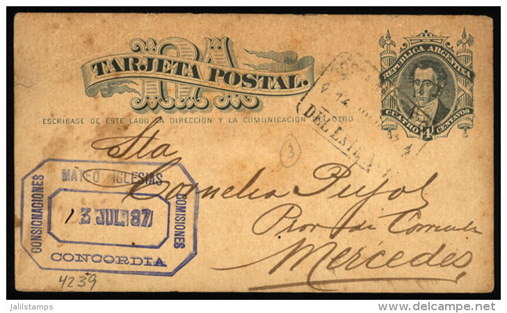 Postal Card Sent From Concordia To Mercedes (Corrientes) In JUL/1887, Cancelled "E AMBULANTE F.C. DEL ESTE... - Brieven En Documenten