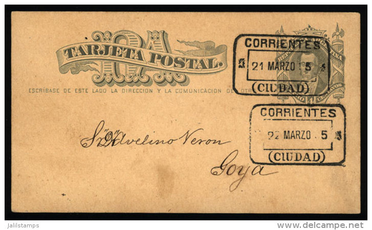 4c. Postal Card Sent To Goya, With 2 Rectangular Postmarks Of "CORRIENTES" For 22 And 22/MAR/1885, VF Quality - Brieven En Documenten