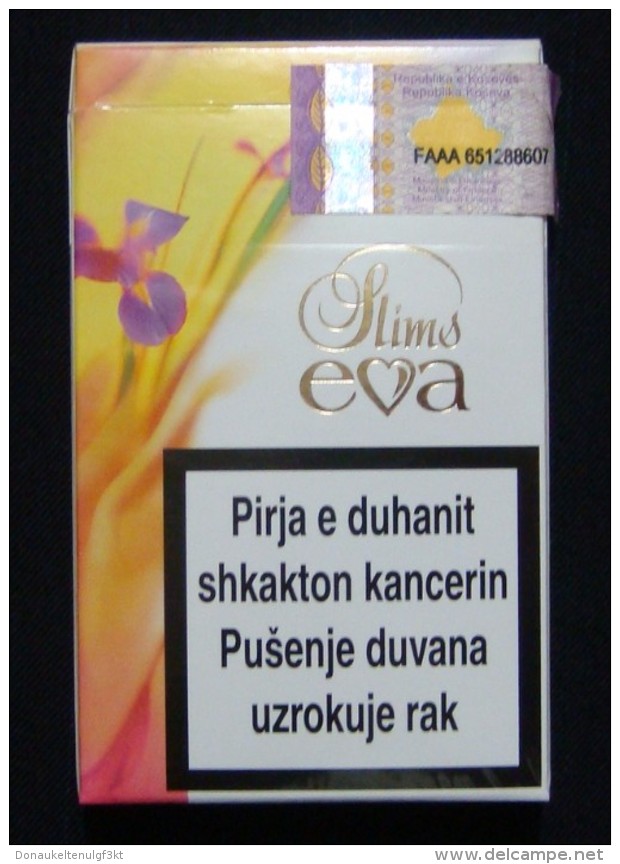 EVA SLIMS EMPTY HARD PACK CIGARETTE BOX EDITION WITH KOSOVO FISCAL STAMPS - Boites à Tabac Vides