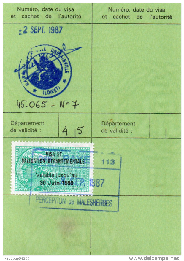 CAMPAGNE DE CHASSE 1987-1988 Permis De Chasser  CESARVILLE-DOSSAINVILLE  Viévy TIMBRE Fiscal +TIMBRE Chasse - Unclassified