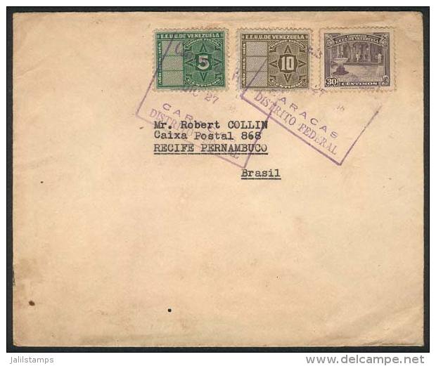 Cover Sent From Caracas To Brazil On 27/DE/1948, Franked With 3 Stamps, 2 Are REVENUE STAMPS, Without Due Marks,... - Venezuela