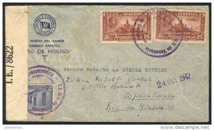 Cover Sent By A Passenger ONBOARD SPANISH MAIL STEAMER 'CABO DE HORNOS', Dispatched In Puerto Cabello By Airmail To... - Venezuela