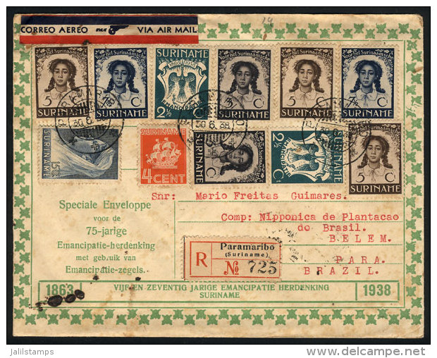 Registered Cover Sent From Paramaribo To Belem (Brazil) On 30/JUN/1938, Nice Multicolor Postage, Special Flight! - Surinam