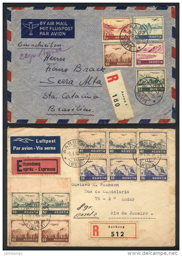 2 Registered Airmail Covers Sent To Brazil In 1946/7 With Very Colorful Postages! - Sonstige & Ohne Zuordnung