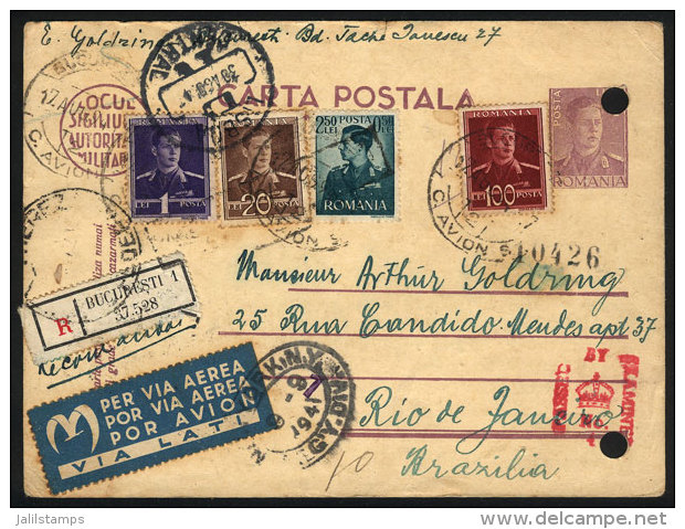 Uprated Postal Card Sent By Registered Airmail From Bucaresti To Rio De Janeiro (Brazil) On 17/AU/1941, Via LATI,... - Sonstige & Ohne Zuordnung