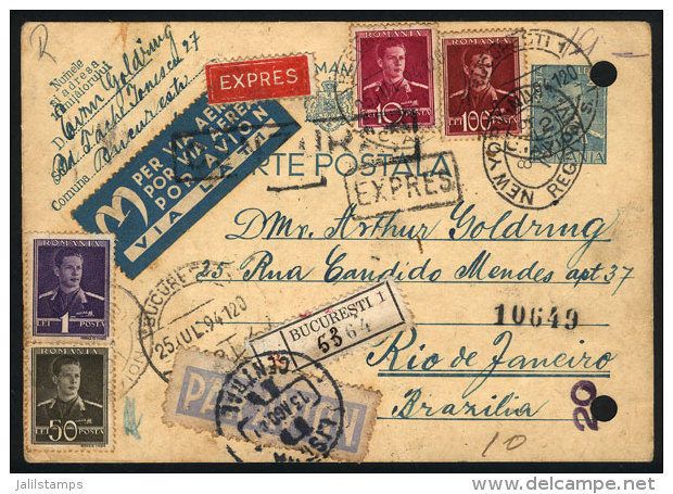 Uprated Postal Card Sent By Registered Airmail From Bucaresti To Rio De Janeiro (Brazil) On 25/JUL/1941, Via LATI,... - Other & Unclassified