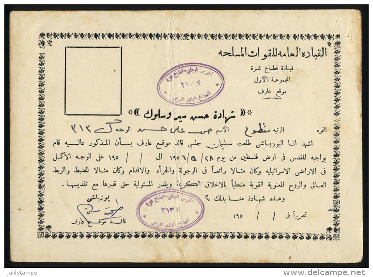 Fedayin's Certificate Of Distinction For A Terrorist Who Infiltrated Into Israel In 1956, With English Translation,... - Historische Dokumente