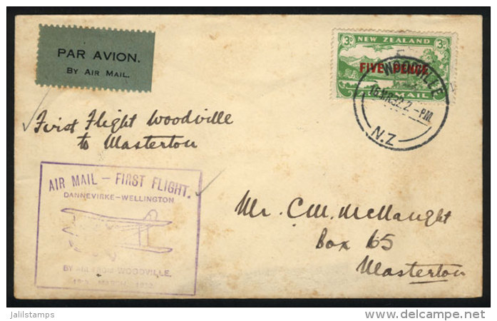 16/MAR/1932 First Flight Woodville - Masterton, Franked With Sc.C4, Light Stain Spots Else VF, Very Nice! - Covers & Documents