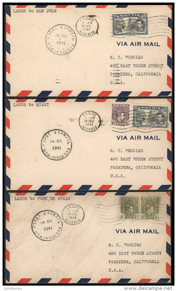 3 Covers Sent To USA On 14/DE/1941, FIRST FLIGHTS LAGOS - San Juan, And Miami - Port Of Spain, One With Minor... - Nigeria (...-1960)