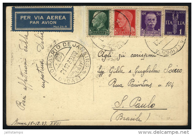 21/DE/1939 LATI First Flight Roma - Rio De Janeiro, Postcard Sent From Roma To Sao Paulo, Arrival Backstamp, Very... - Sonstige & Ohne Zuordnung