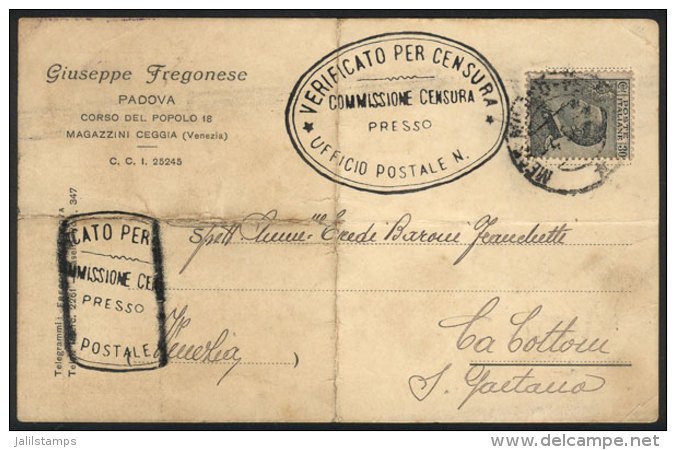 Card Franked With 30c. And Sent From Padova To La Cotton (Venezia) On 4/MAY/1929, Interesting CENSOR Marks! - Other & Unclassified