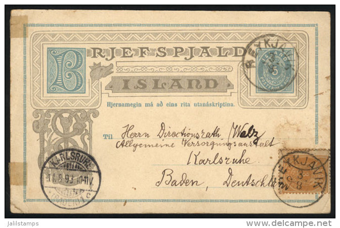 5A. Postal Card With Additional Franking (one Stamp Missing), Sent From Reykjavik To Germany On 3/AU/1893, Minor... - Sonstige & Ohne Zuordnung