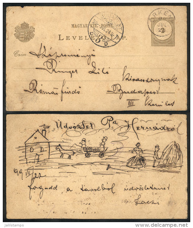 2f. Postal Card Posted From ORKEND To Budapest On 22/JUL/1899, With Nice Drawing On Reverse Of "Country Life", VF! - Covers & Documents