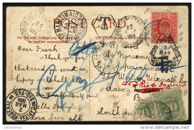 Postcard Franked With 1p. And Sent To Brazil On 6/FE/1904, The Addressee Was Hard To Find And So The Card Bears... - Other & Unclassified