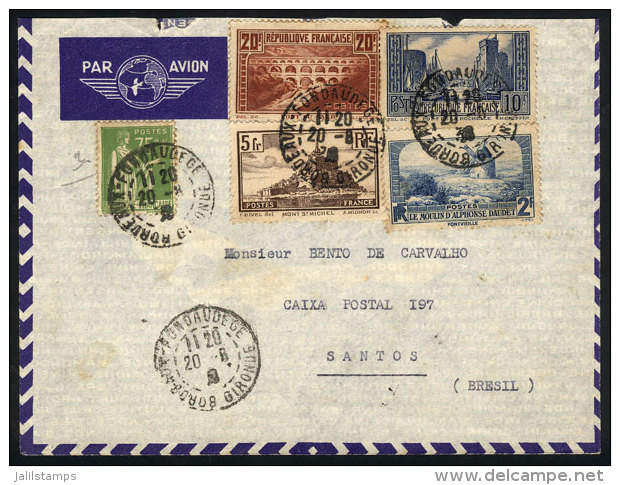 Airmail Cover Sent From Bordeaux To Brasil On 20/AU/1938, Nice Postage Of 37.75Fr., Minor Defects, Very Nice! - Briefe U. Dokumente