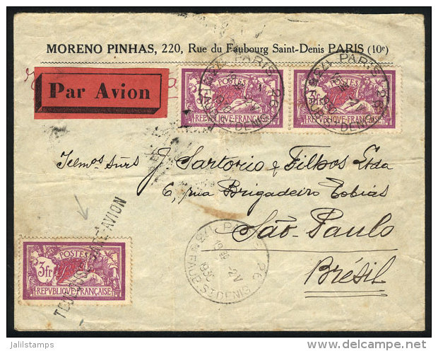 Airmail Cover Sent From Paris To Brazil On 2/MAY/1930, Franked With 3 Stamps Of 3Fr., 2 Cancelled In Paris And The... - Covers & Documents