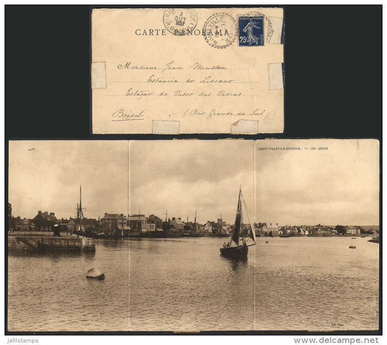 Triple Postcard With View Of "Saint-Vaast-La-Hougue, Les Quais", Franked With 25c. And Sent To Brazil On 4/SE/1907,... - Covers & Documents