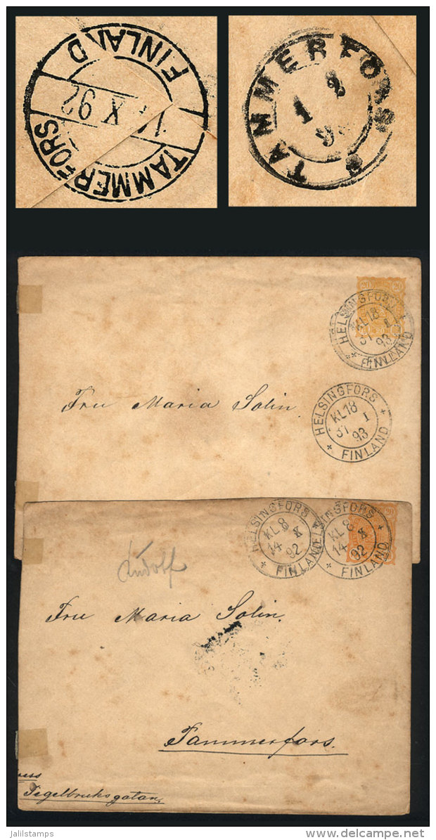 2 Stationery Envelopes Of 20p. (yellow-orange And Dark Orange) Sent From Helsingfors To Tammerfors In 1892 And... - Sonstige & Ohne Zuordnung