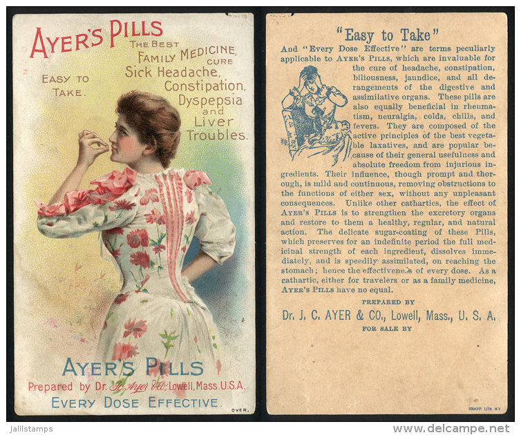 Old Advertising Card For "Ayer&acute;s Pills" (medicine), With Lithograph Image Of Beautiful Lady, Fine Quality - Sonstige & Ohne Zuordnung