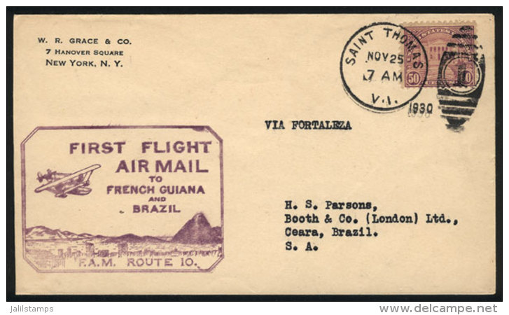 25/NO/1930 Saint Thomas (V.I.) - Fortaleza: F.A.M. First Flight To French Guiana And Brazil, VF Quality! - Postal History