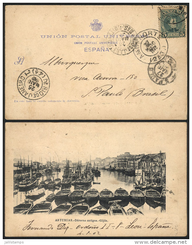 Postcard With View Of Asturias (old Dock, Gijón), Franked With 5c. And Sent To Brazil On 4/SE/1902, VF... - Covers & Documents